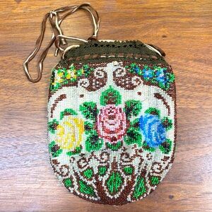 German Antique Micro Beaded bag with Roses Drawstring closure Victorian Era RARE